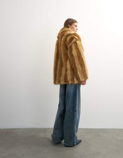 Topshop faux fur mid length coat in brown, 4 of 4