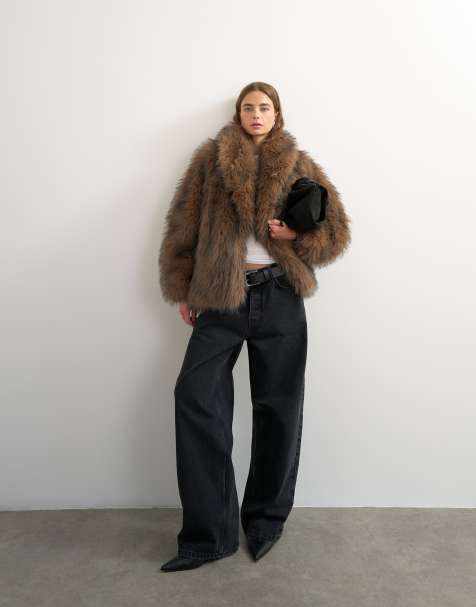 Topshop faux fur mid length shawl jacket in light brown - view 1