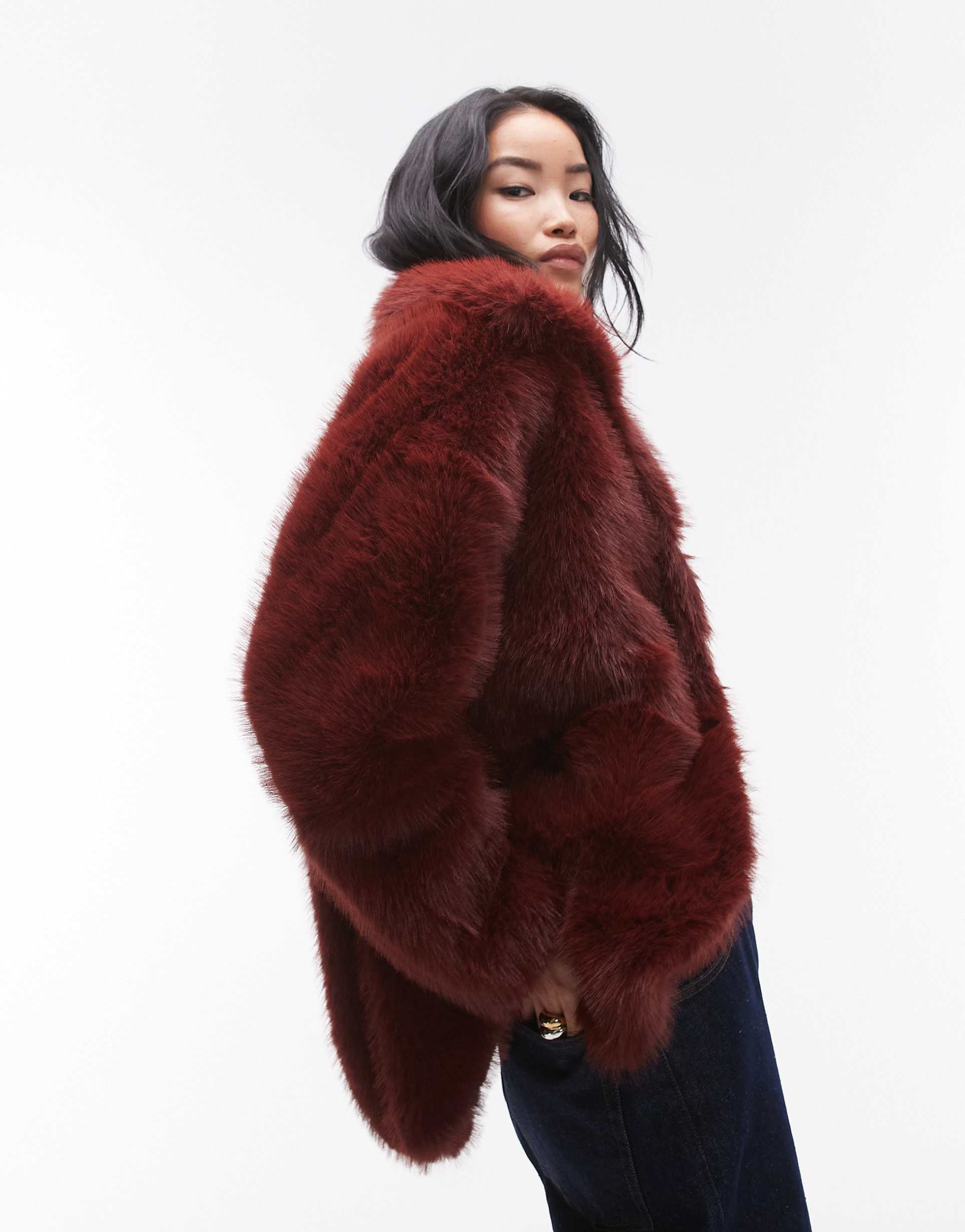 topshop faux fur midi coat in burgundy