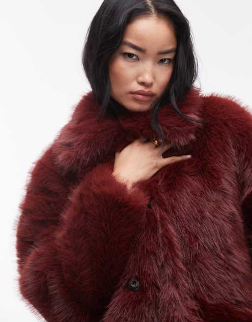 Topshop faux fur midi coat in burgundy, 2 of 4