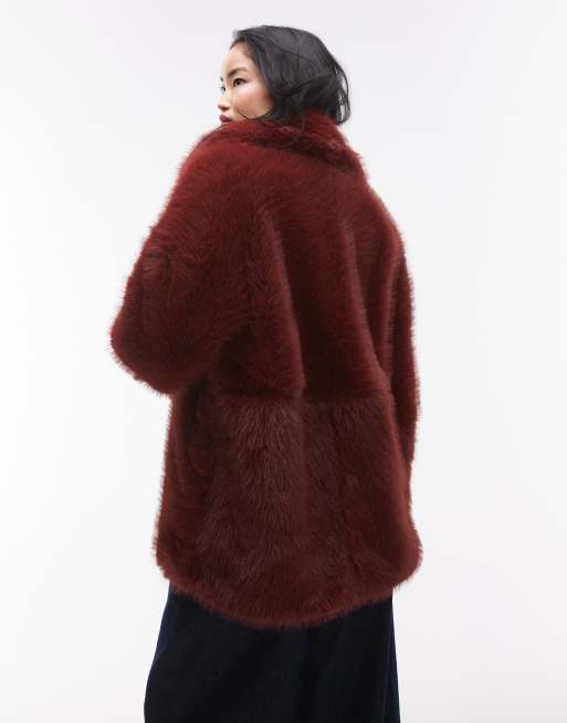 Topshop faux fur midi coat in burgundy, 4 of 4