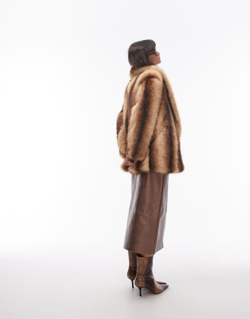 Topshop faux fur midi coat in cream and brown stripe, 3 of 4
