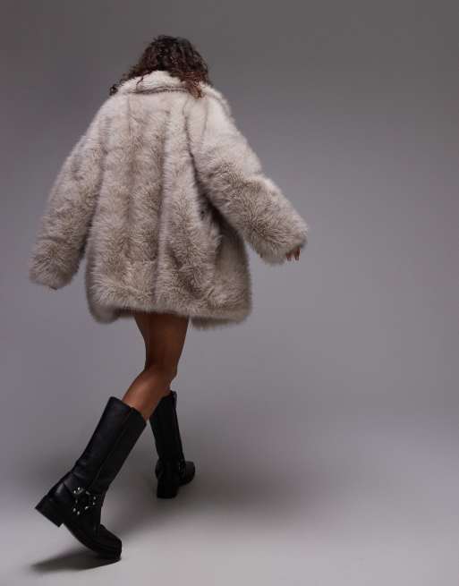 Topshop faux fur midi coat in multi, 2 of 4