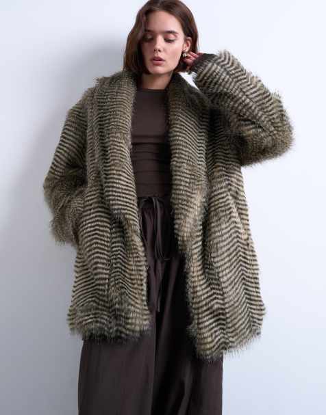 Topshop faux-fur mono stripe shawl mid-length coat in black - view 1