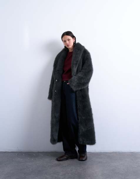 Topshop faux fur oversized shawl extra long coat in charcoal - view 1