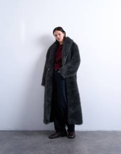 Faux fur oversized shawl extra long coat in charcoal