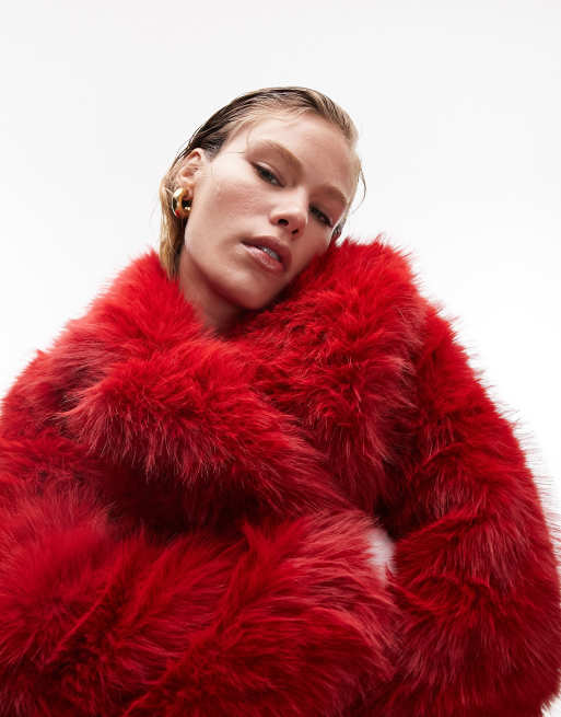 Shaggy faux 2025 fur coat red