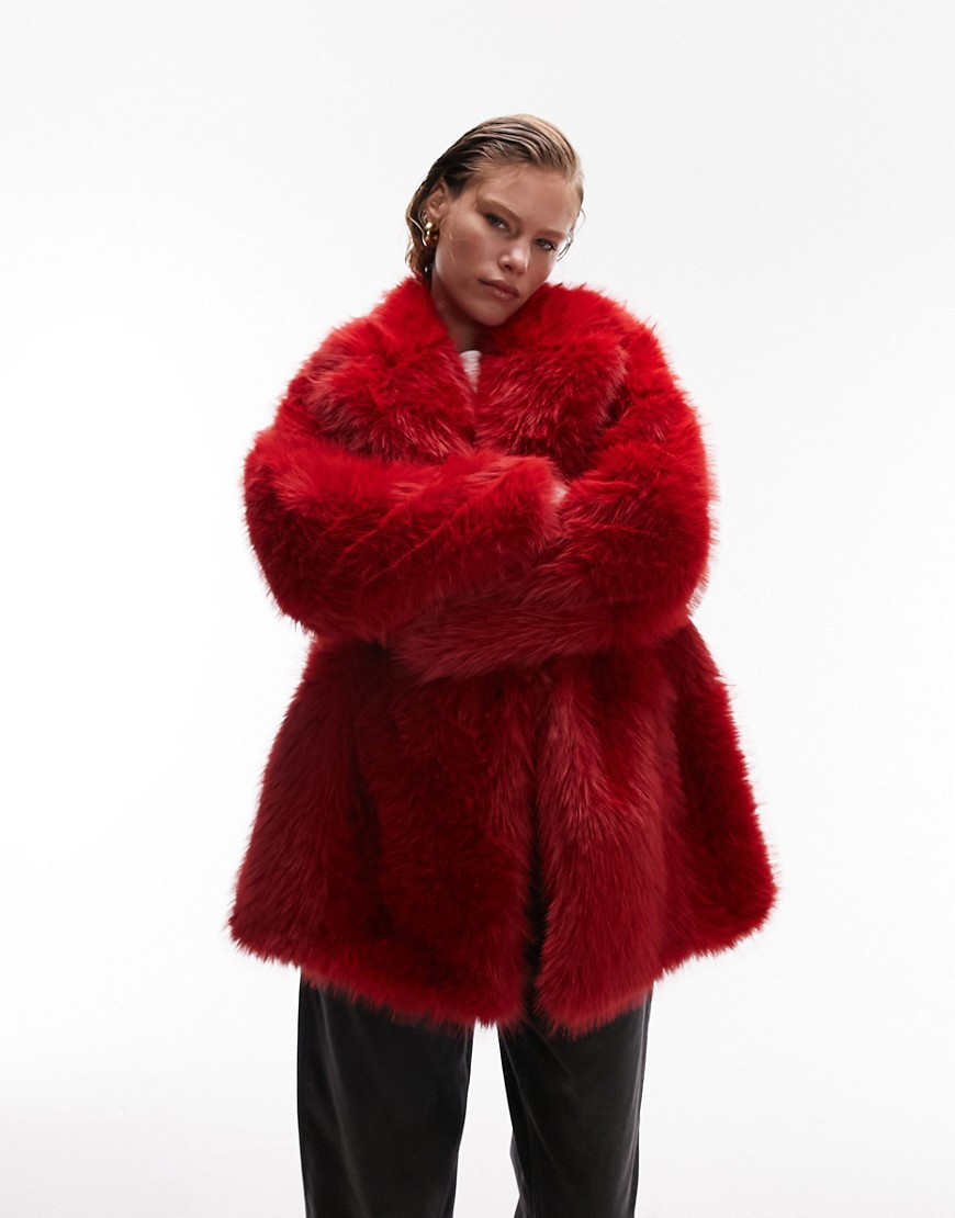Topshop faux fur panelled coat in red
