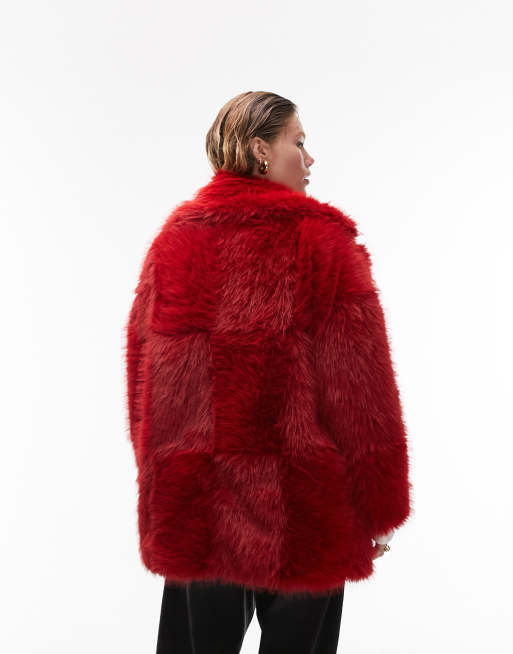 Topshop faux fur panelled coat in red ASOS
