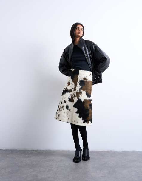 Topshop faux fur pony skin a-line midi skirt in cow print - view 1