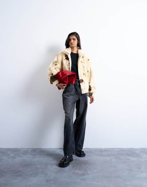 Topshop faux fur pony skin cow print bomber jacket in cream