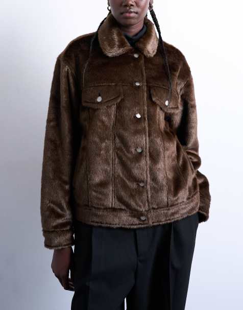 Topshop faux fur pony skin western trucker jacket in brown - view 1