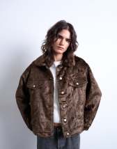 Topshop faux fur pony skin western trucker jacket in brown