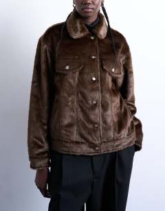 Faux fur pony skin western trucker jacket in brown