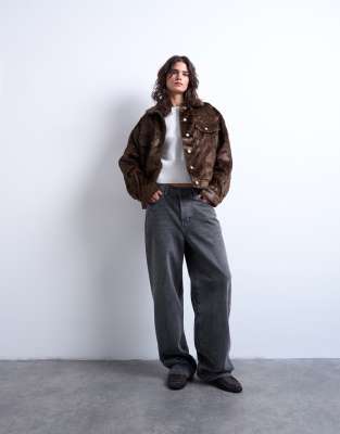 Faux fur pony skin western trucker jacket in brown Topshop