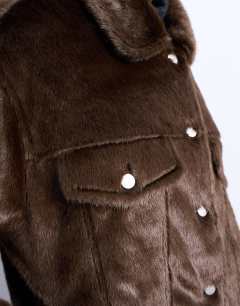 Model wearing Faux fur pony skin western trucker jacket in brown