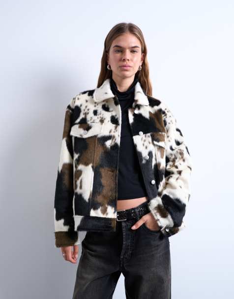 Topshop faux fur pony skin western trucker jacket in cow print - view 1