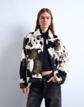 Topshop faux fur pony skin western trucker jacket in cow print