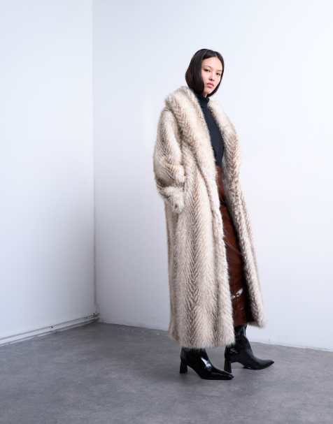 Topshop faux fur shawl longline coat in white stripe - view 1