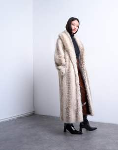 Faux fur shawl longline coat in white stripe