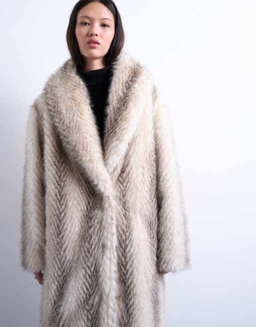 Topshop faux fur shawl longline coat in white stripes