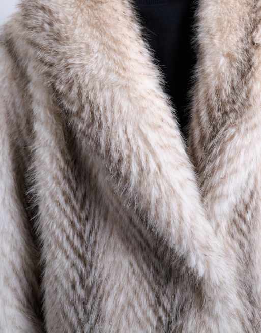 Topshop faux fur shawl longline coat in white stripes