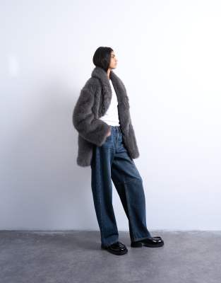 Topshop Faux Fur Shawl Mid-length Coat In Blue