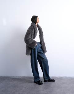 Faux fur shawl mid length coat in charcoal