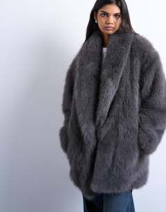 Model wearing Faux fur shawl mid length coat in charcoal