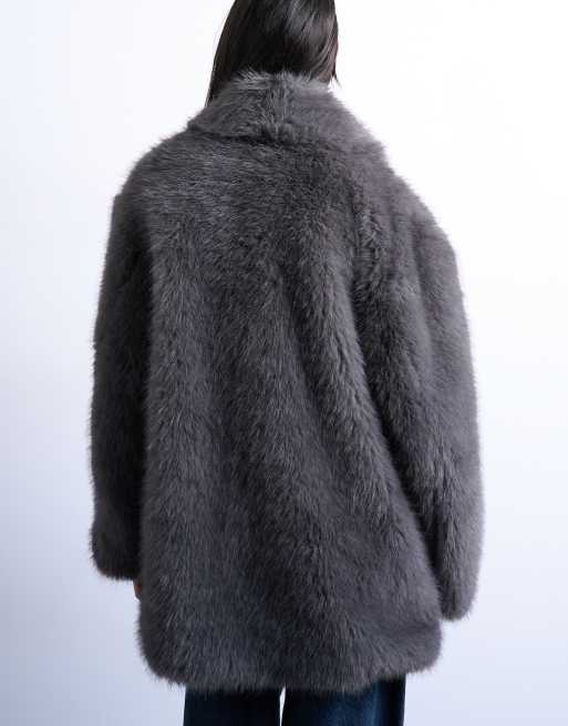 Topshop faux fur shawl mid-length coat in charcoal