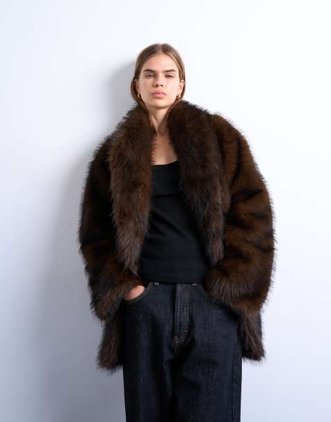 Topshop faux fur shawl mid length coat in chocolate - view 1