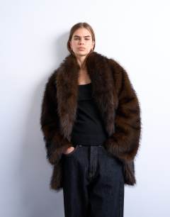 Faux fur shawl mid length coat in chocolate