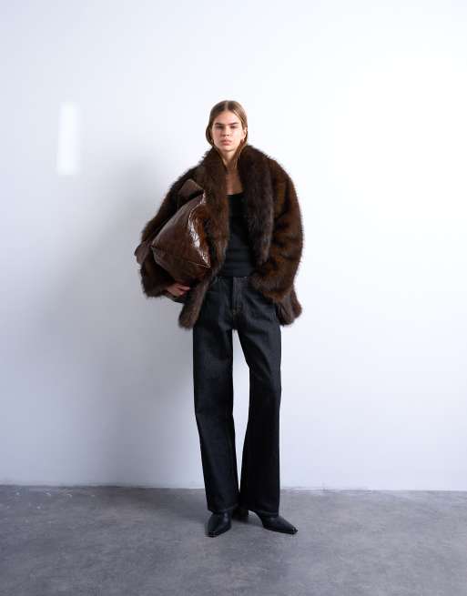 Topshop faux fur shawl mid length coat in chocolate