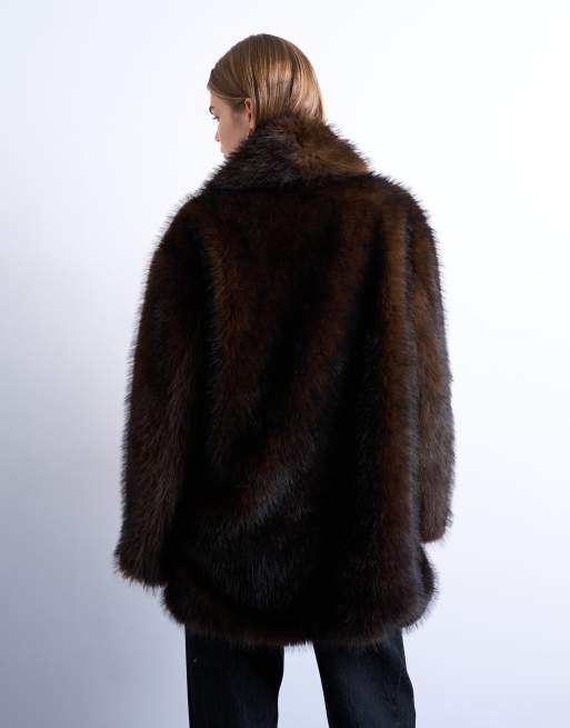 Topshop faux fur shawl mid length coat in chocolate