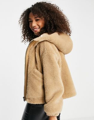 Topshop faux fur shearling zip through jacket with hood in tan