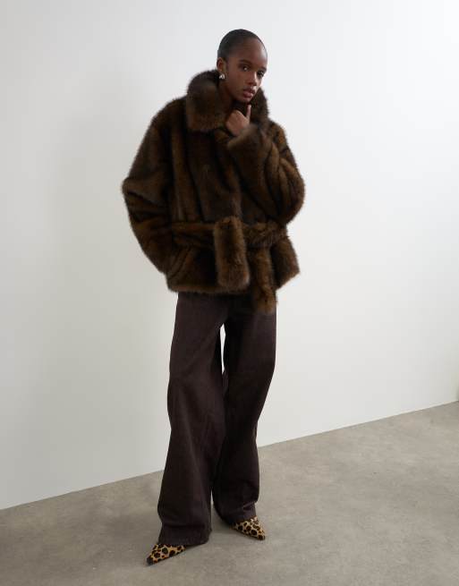 Topshop faux fur short belted coat in brown, 2 of 4