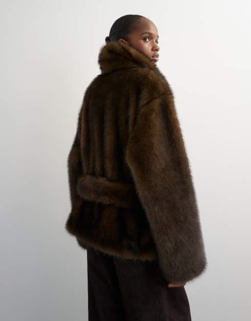 Topshop faux fur short belted coat in brown, 4 of 4