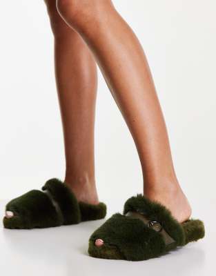 Topshop faux fur strap mule slippers in khaki