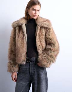 Faux fur stripe zip thru bomber jacket in light brown