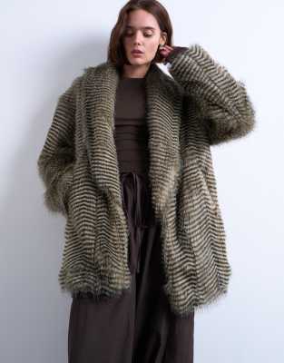 Topshop Faux Fur Striped Shawl Mid Length Coat In Gray