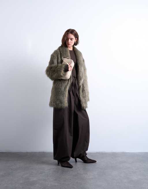 Topshop faux fur striped shawl mid length coat in black, 2 of 4