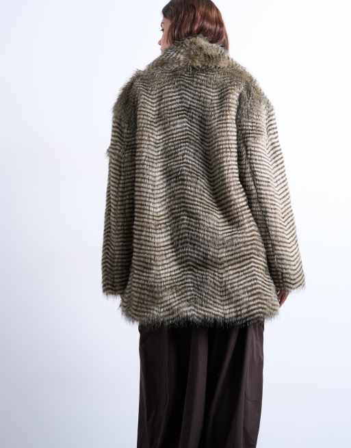Topshop faux fur striped shawl mid length coat in black, 4 of 4