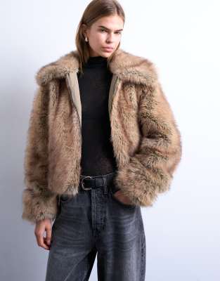 Topshop Faux Fur Striped Zip Up Bomber Jacket In Brown