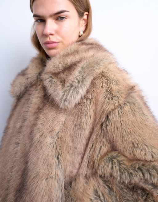Topshop faux fur striped zip up bomber jacket in light brown, 3 of 4