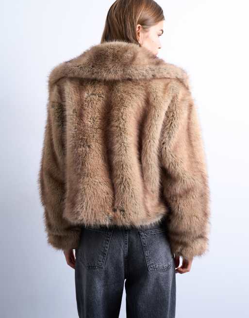 Topshop faux fur striped zip up bomber jacket in light brown