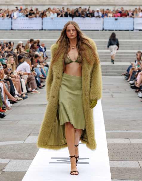 Topshop faux fur super long coat in green - view 1