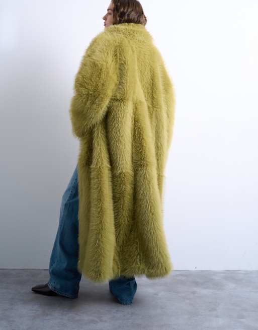 Topshop faux fur super long coat in green
