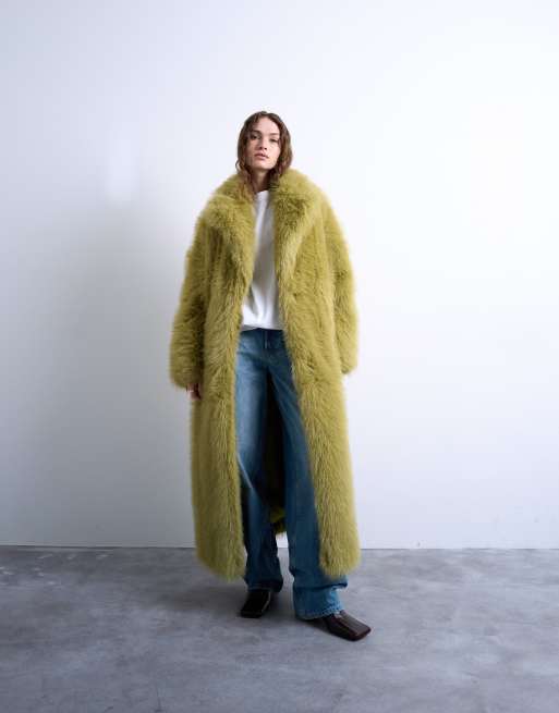 Topshop faux fur super long coat in green