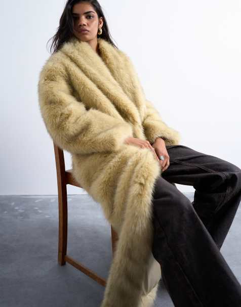 Topshop faux fur super long oversized shawl coat in buttermilk - view 1