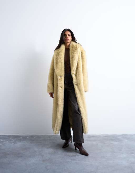 Topshop faux fur super long oversized shawl coat in buttermilk